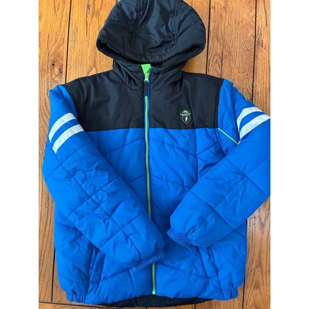 Protection System Boys Blue Black Puffer Jacket Winter Coat Hooded Size 14/16